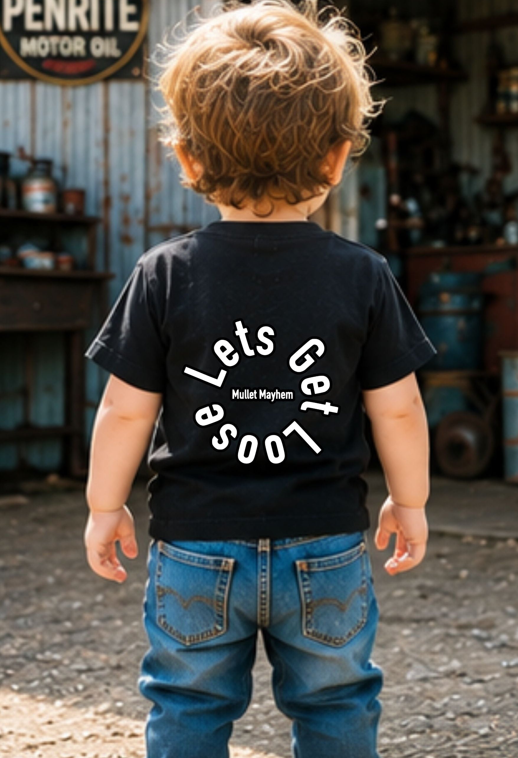 A toddler viewed from behind wearing a black t-shirt with a white circular graphic that reads 'Lets Get Loud' and 'Mister Mayhem', paired with blue jeans, standing in front of a rustic garage backdrop.